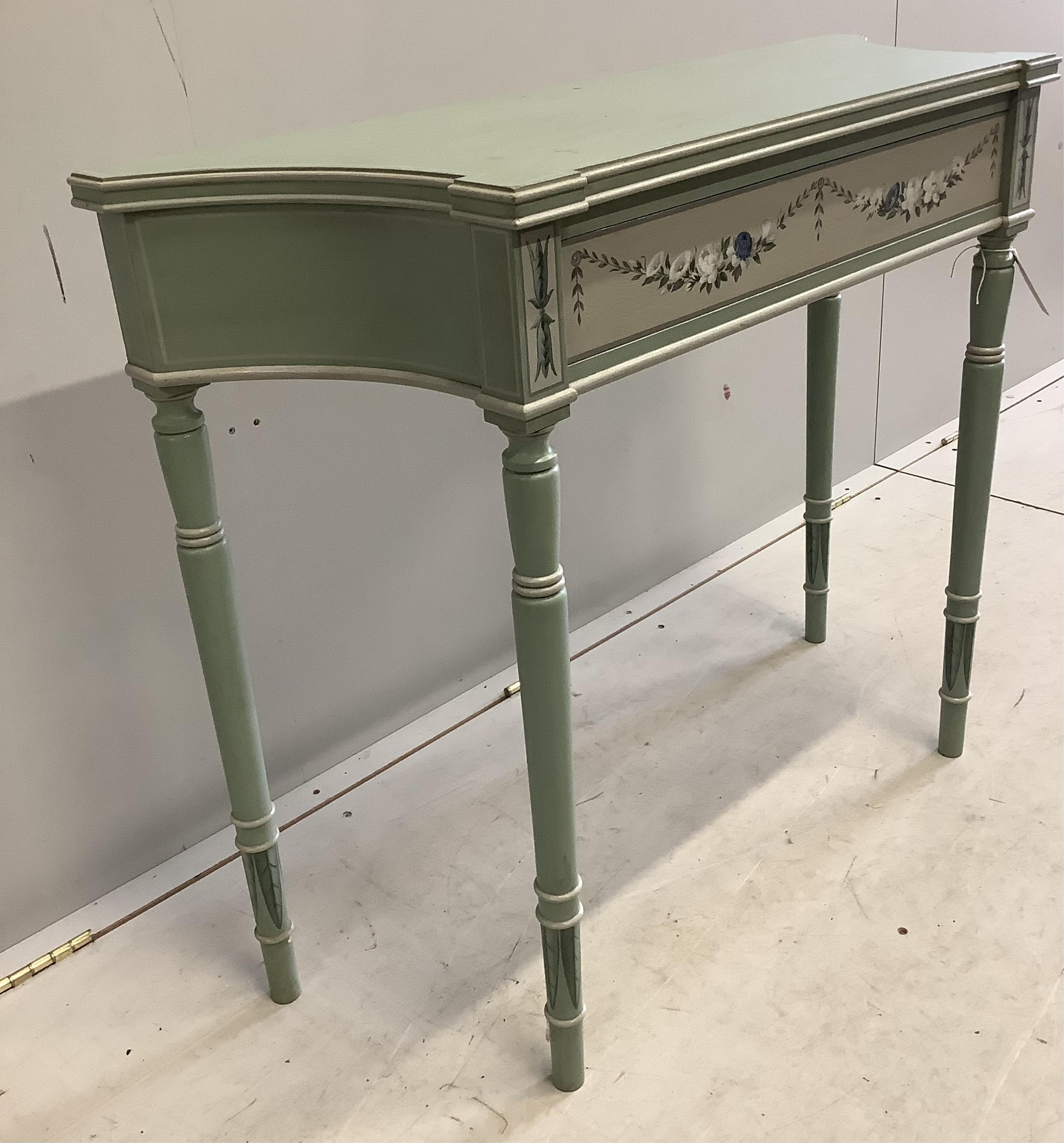 An 18th century style painted console table, width 92cm, depth 32cm, height 77cm. Condition - fair to good